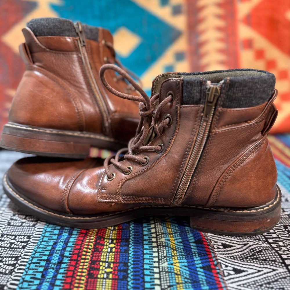 Cognac Brown Cap Toe Combat Boots Mens 9.5 Side Zip Ashford Hayes Monroe